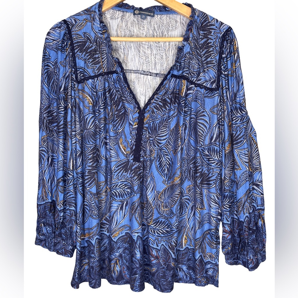 Democracy Blue Leaf Print V-Neck Long Sleeve Blouse XXL